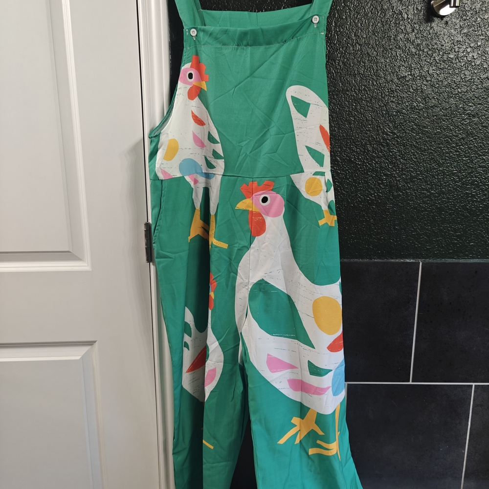 Green Chicken Print Overalls